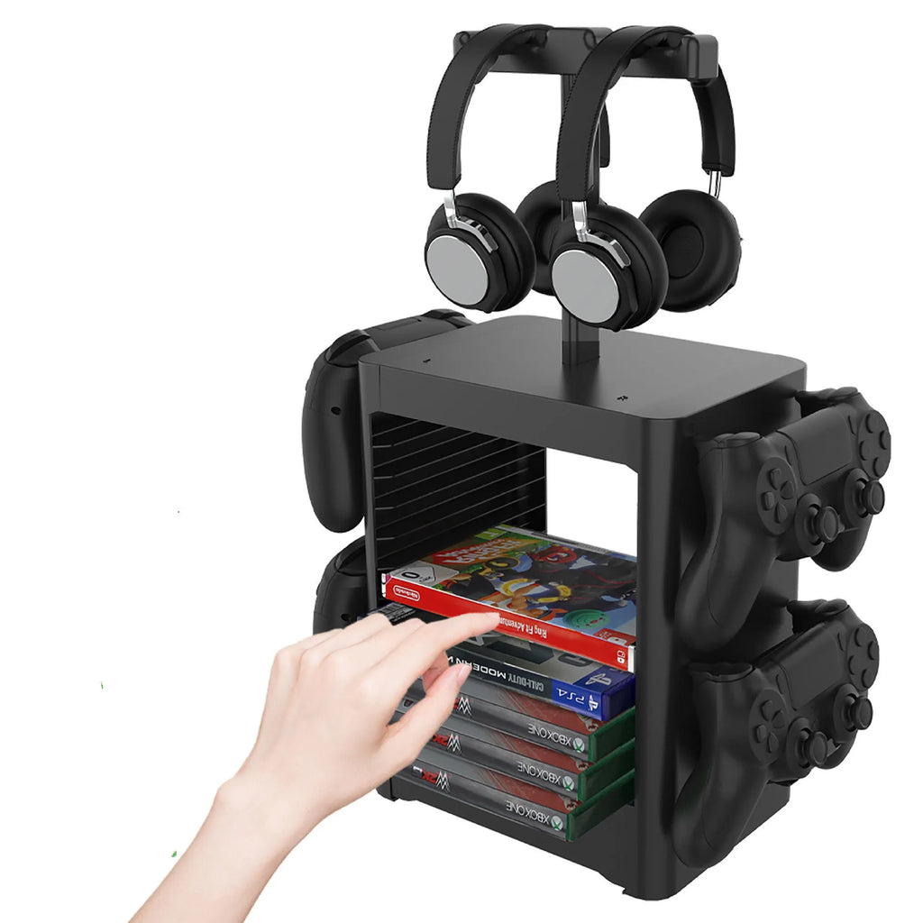 Black ABS game controller and headphone storage rack with side hooks and a bottom drawer.