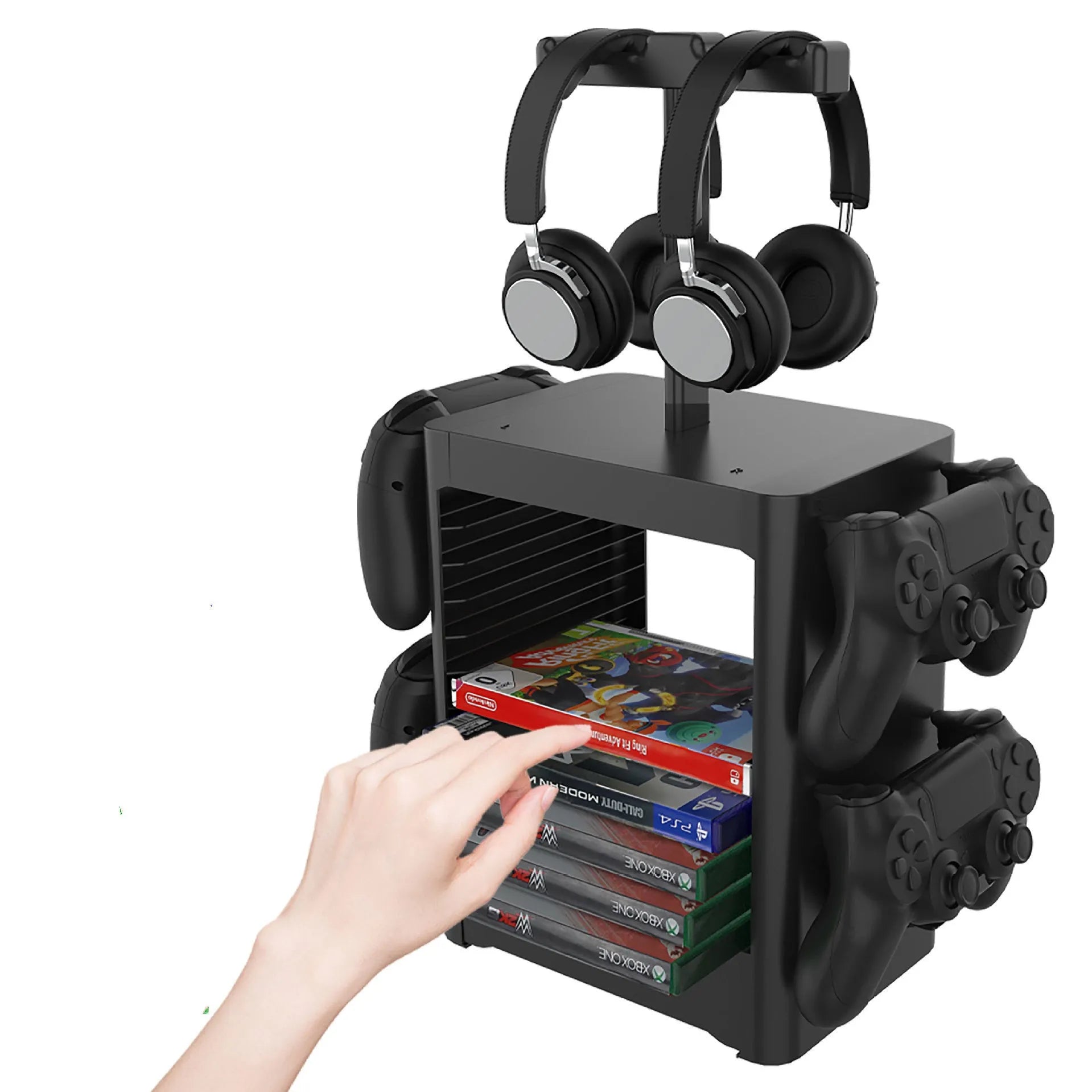 Black ABS game controller and headphone storage rack with side hooks and a bottom drawer.