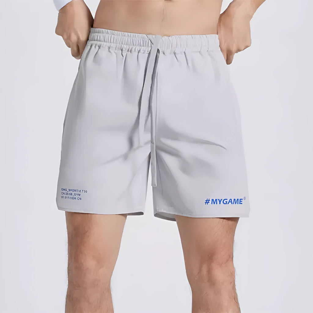 Men's fitness training shorts in black, blue, grey, or white with moisture-wicking fabric.