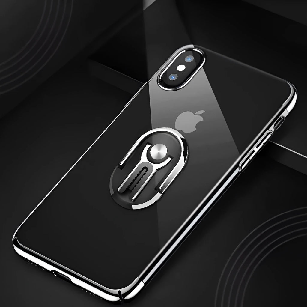 Black car phone bracket mounted on air vent with phone secured, showing adjustable ball mechanism