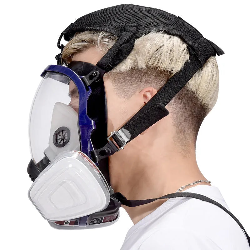 Blue edge spherical gas mask with trapezoidal canister and silicone construction for KN95 and activated carbon filtration
