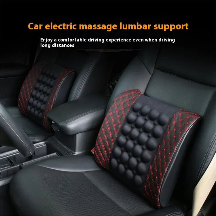 Car lumbar support pillow set in red wine colour with black and red trim includes electric massage option
