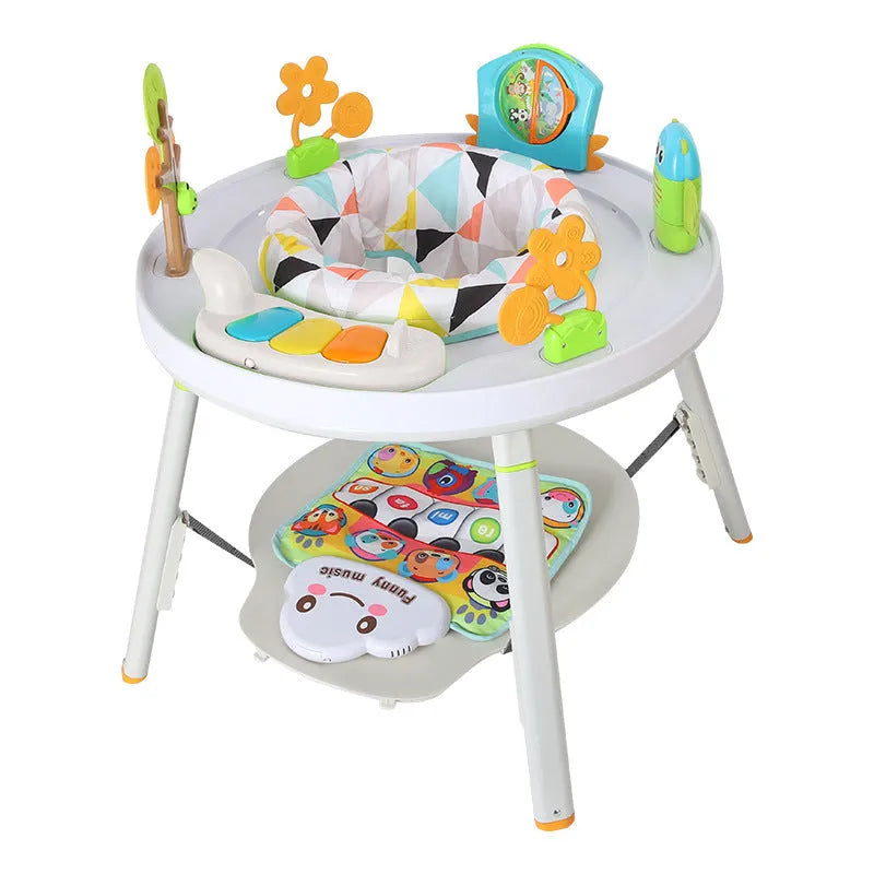 A white baby jumping chair activity centre with a bouncing seat, gymnastic rack, and toys in a duck or lion character design.
