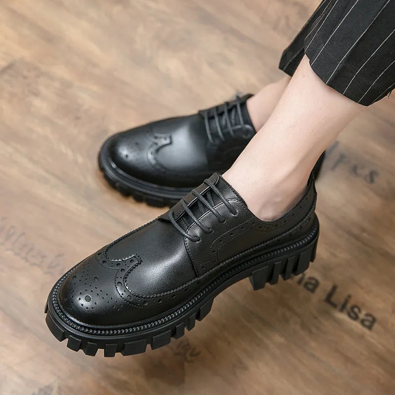 Men's black artificial PU brogue shoes with round toe on a white background.