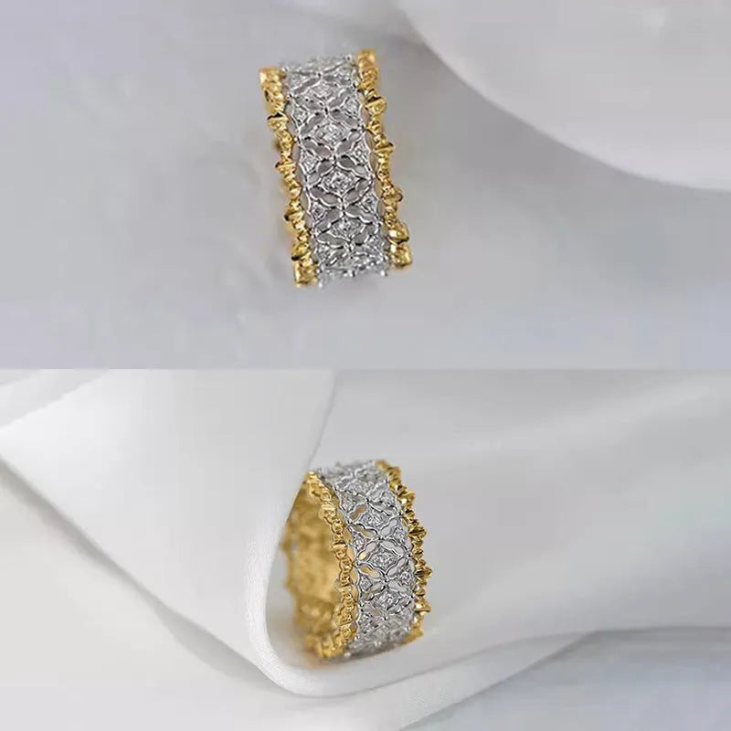 Geometric zircon ring with two-tone gold and silver finish and round centre stone