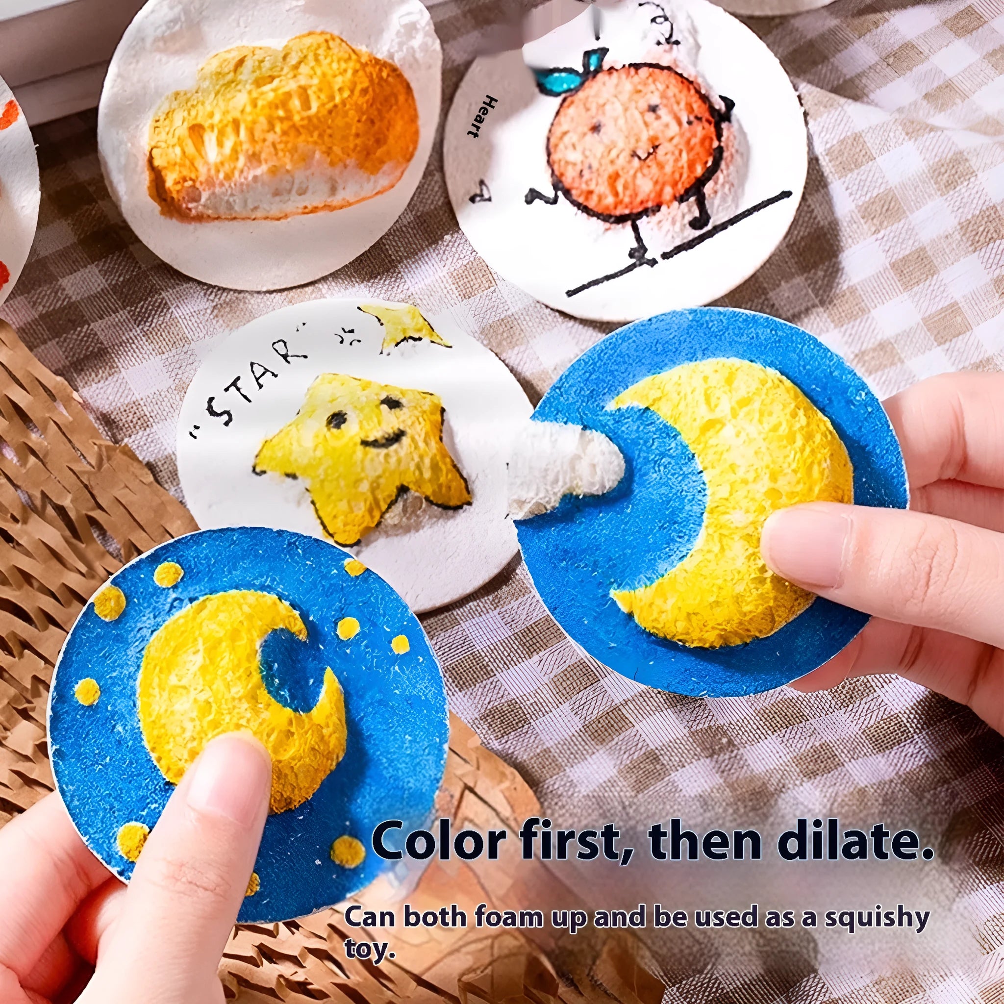 Cartoon wood pulp paper painting sponge set with heart, round and square sheets plus six fountain pens