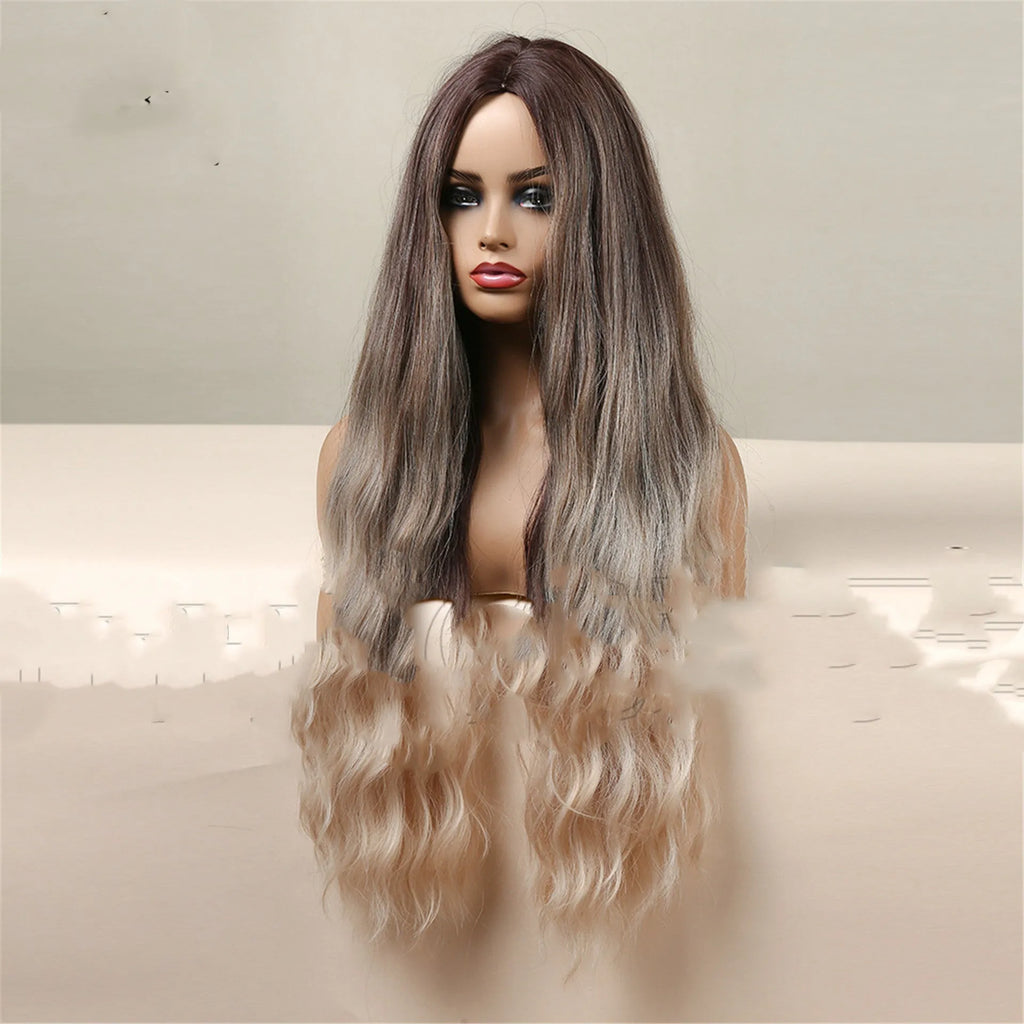 Medium brown gradient blonde long curly wig with medium bang on a mannequin