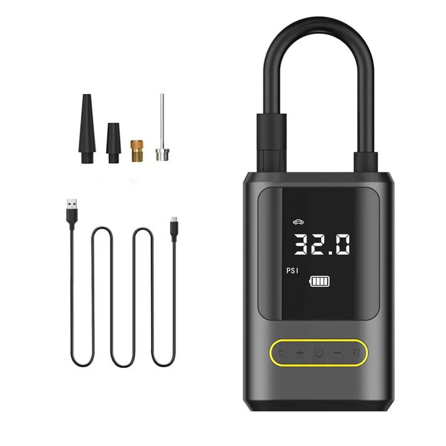 Handheld wireless digital display car tyre inflator pump with LED light and four air nozzles