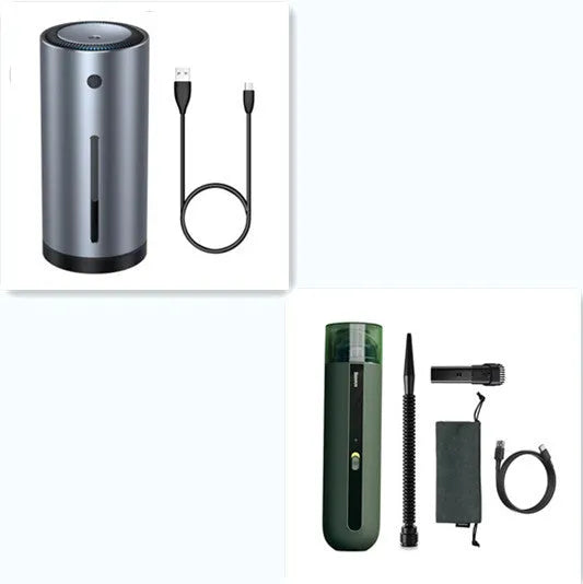 BASEUS wireless handheld car vacuum cleaner in black, white, or green with blowing hose attachment
