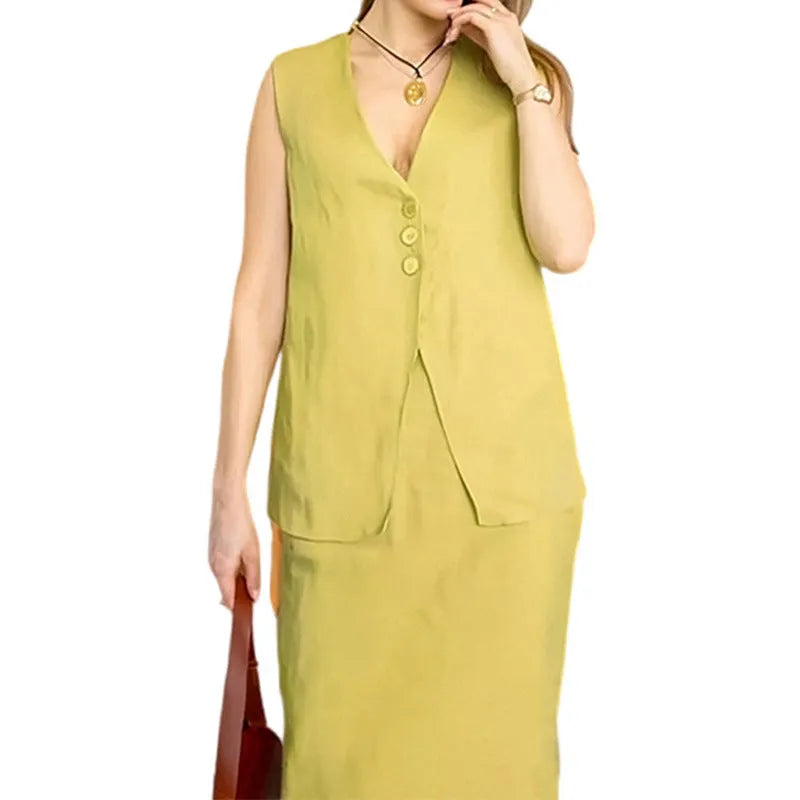 Women's casual two-piece outfit with a sleeveless loose vest and a long flowing skirt on a hanger.