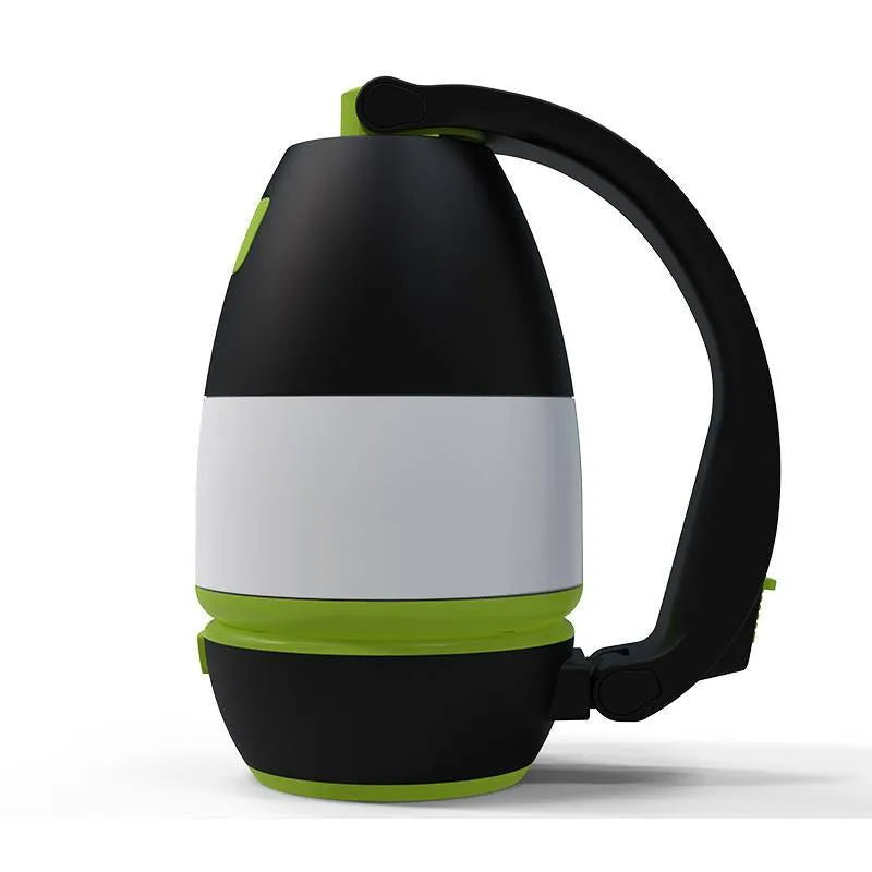 Black Green multifunctional LED camping lamp with USB port, shown in folded position.