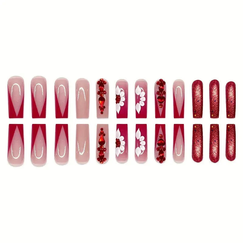 Sweet flowers pattern removable fake nails with prismatic red diamonds in European square long shape