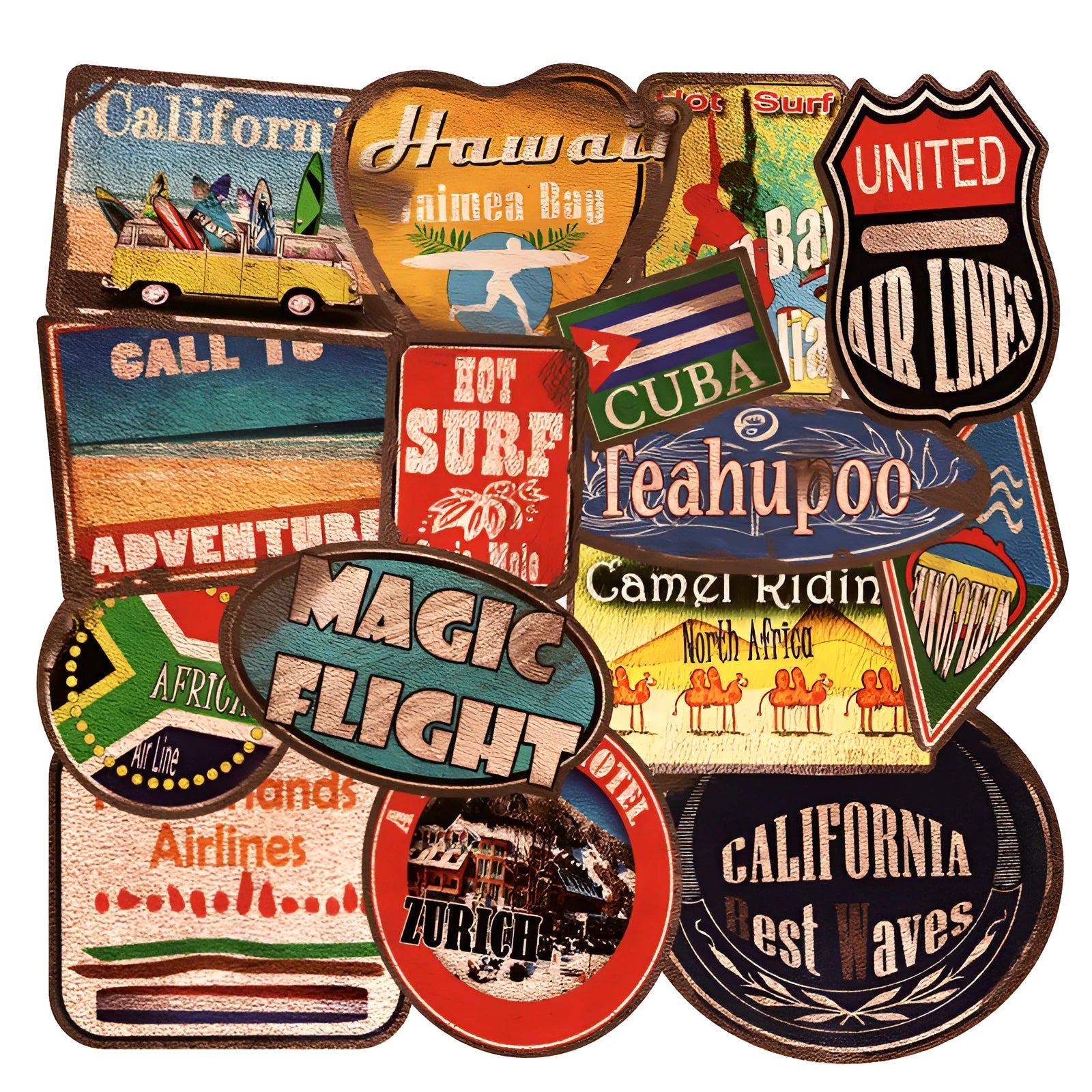 36-piece set of large retro beach themed stickers on a PVC sheet with matte finish.