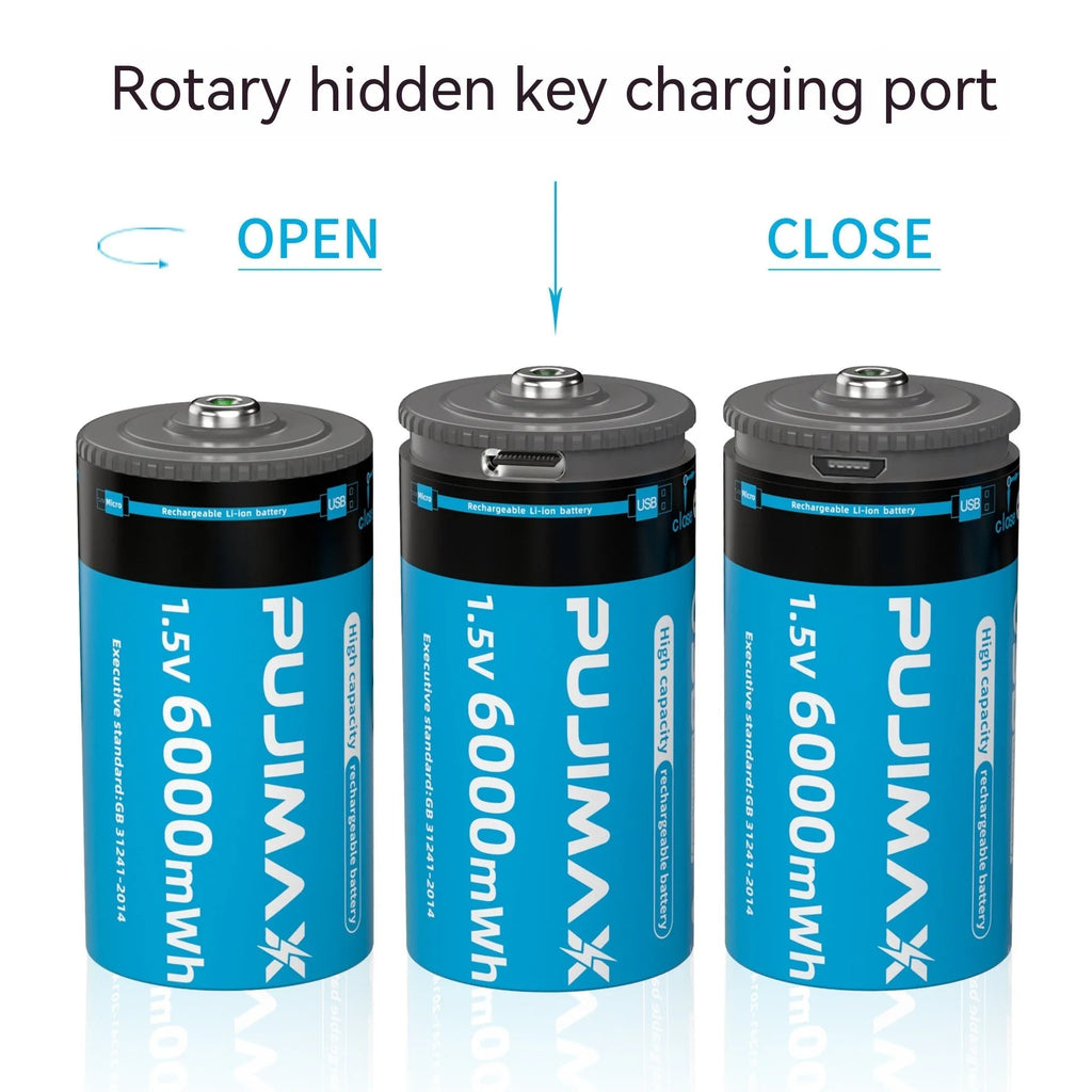 Rechargeable lithium C-type battery 6000mWh 1.5V with USB Type-C port on black background