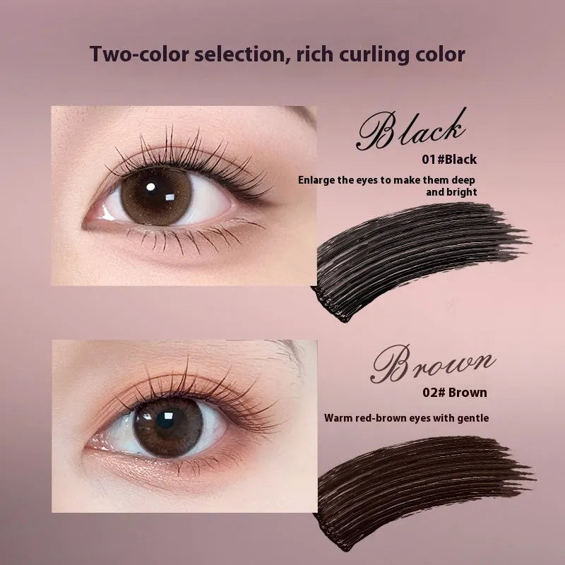 Long curling and long-lasting mascara tube in black or brown shade with applicator wand.