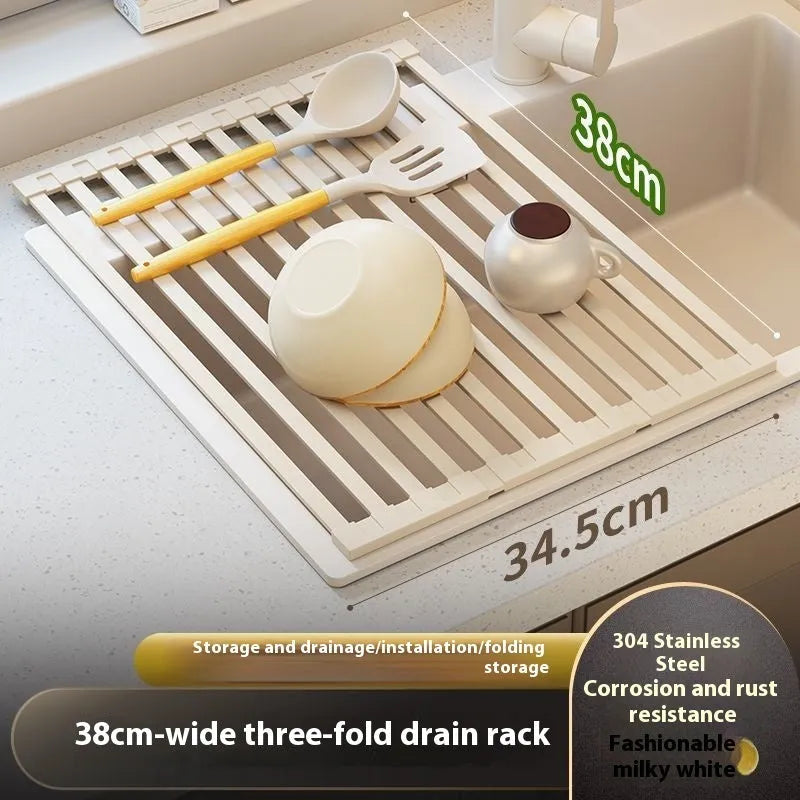 Milky white 304 stainless steel foldable kitchen draining rack with tri-fold design