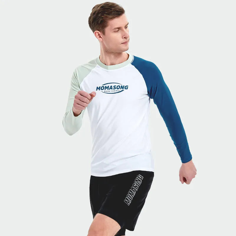 Men's white long sleeve swim top with matching colour-blocked swimming trousers