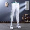 Ice silk breathable stretch slim-fit ankle-tied skinny sports trousers for men, black stripe design