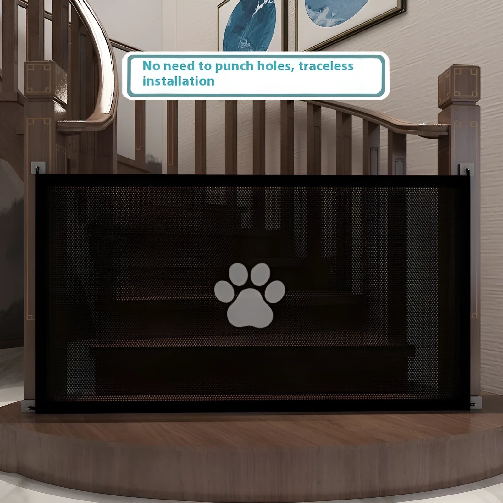 Portable folding dog barrier net fence with plastic rods in pet doorsill design