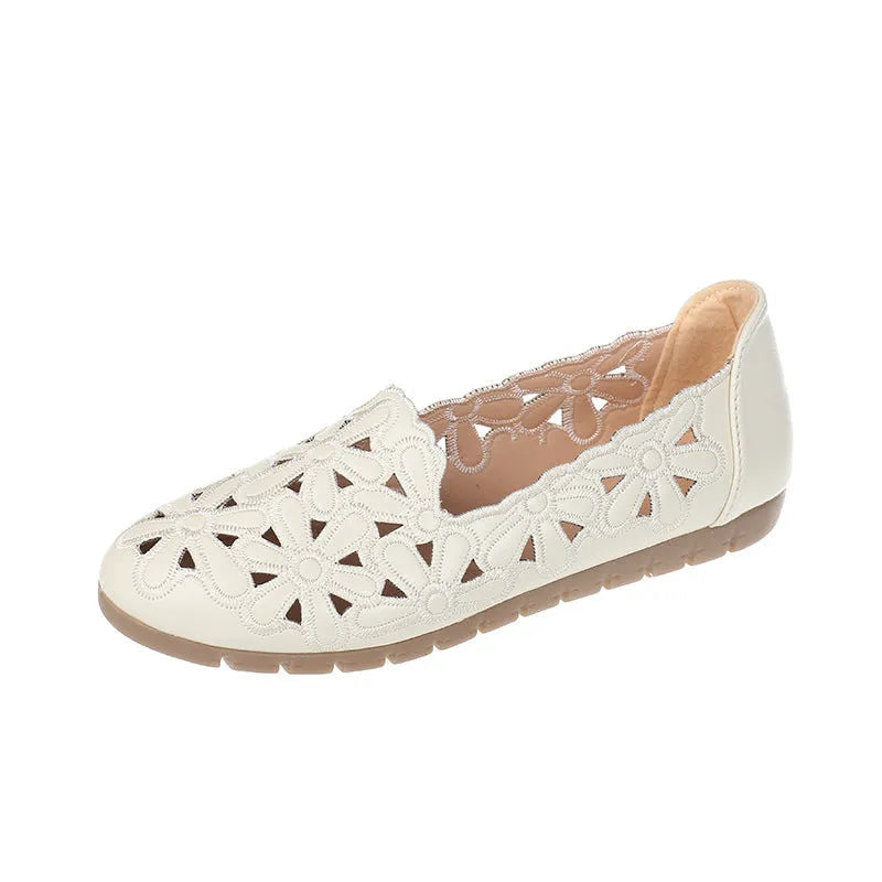Beige soft bottom hollow breathable casual flat shoes for women with low heel and rubber sole
