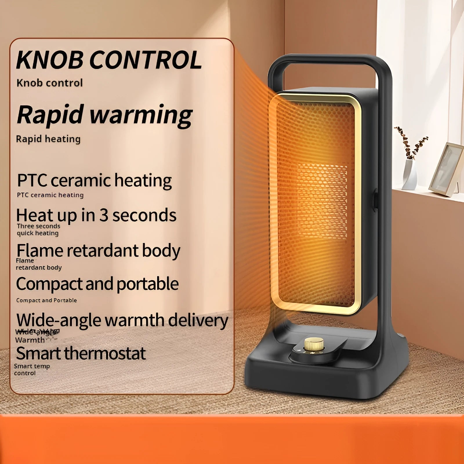 Black PTC ceramic desktop warm air blower heater with knob controls and compact design