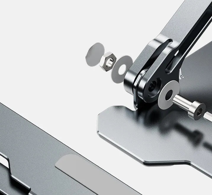 Grey aluminum laptop stand with adjustable angle and hollow heat dissipation design