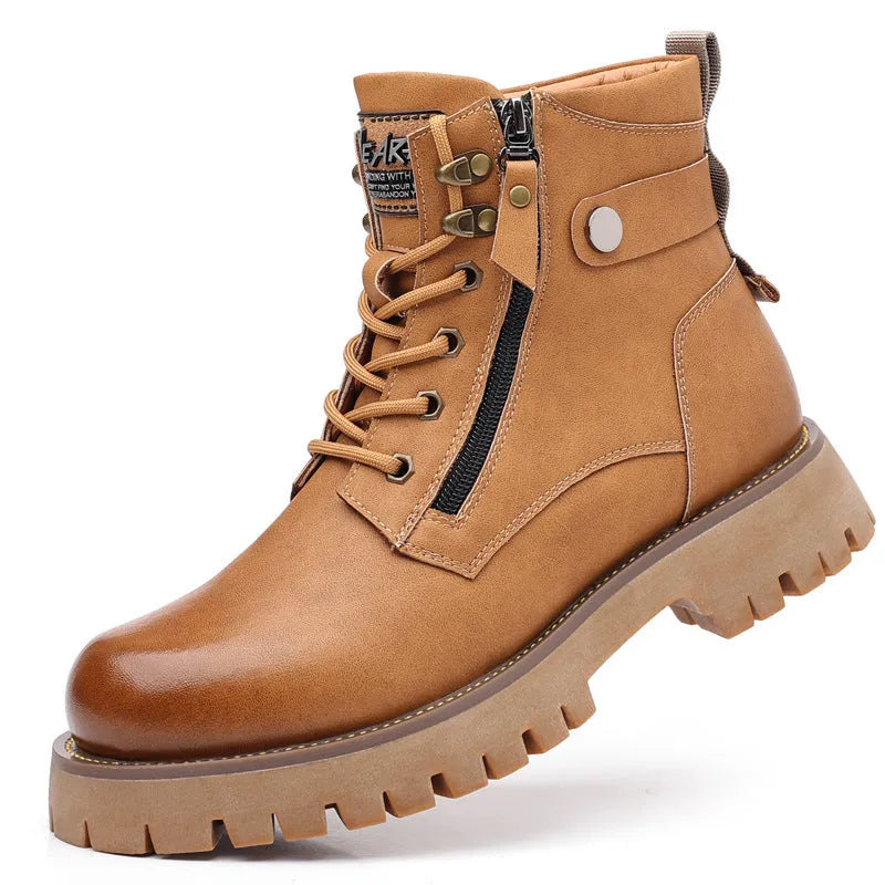 Men's brown leather high-top Martin boots with a side zipper and round toe.