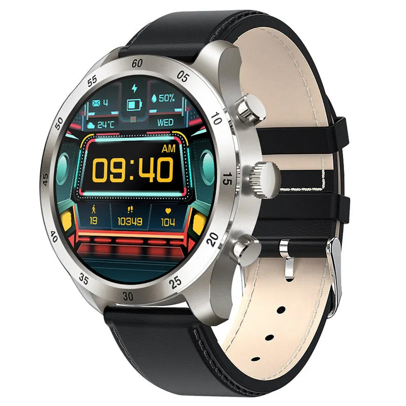 Black Bluetooth smart watch with steel strap on wrist, showing call and health tracking display