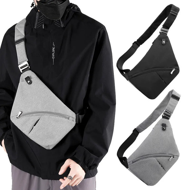 Men's black Oxford cloth single shoulder chest bag with letter detail worn crossbody