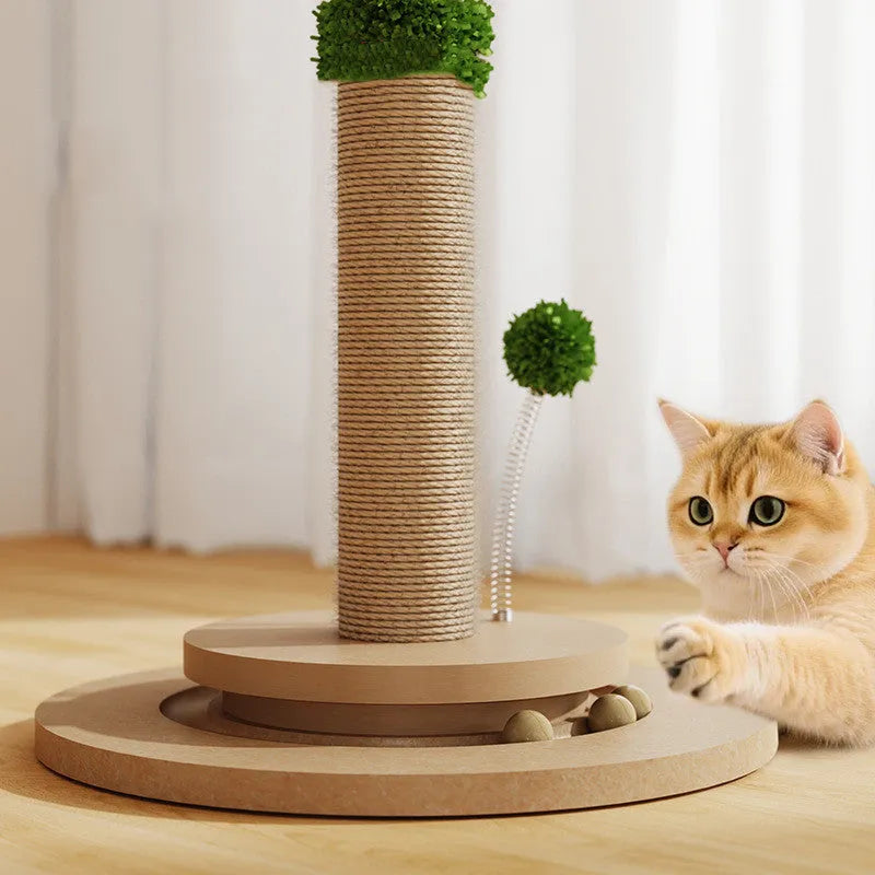Vertical cat climbing frame with hemp rope scratching posts in a natural canna colour finish.