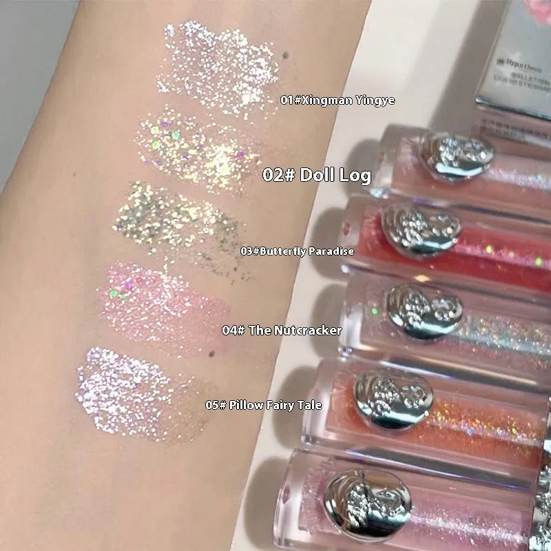 Ballet Liquid Eye Shadow product showing five colour options: Sakura Field, Doll Log, Butterfly Paradise, Nutcracker, and Pillow Fairy Tale
