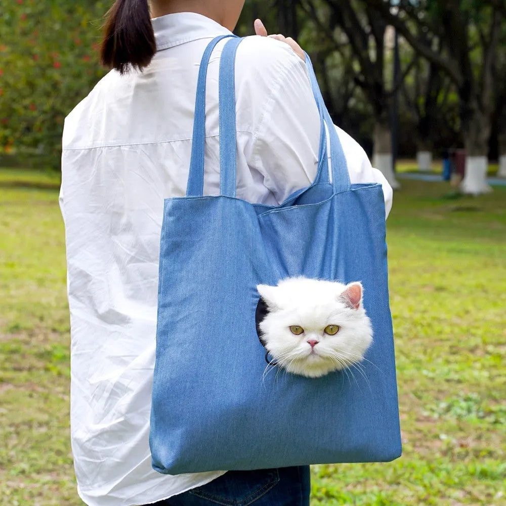 Canvas pet shoulder bag with cartoon pattern for small dog or cat transportation