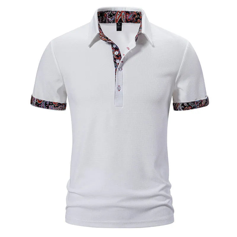 Men's white polo shirt with colour stitching detail on the turnover collar and short sleeves.