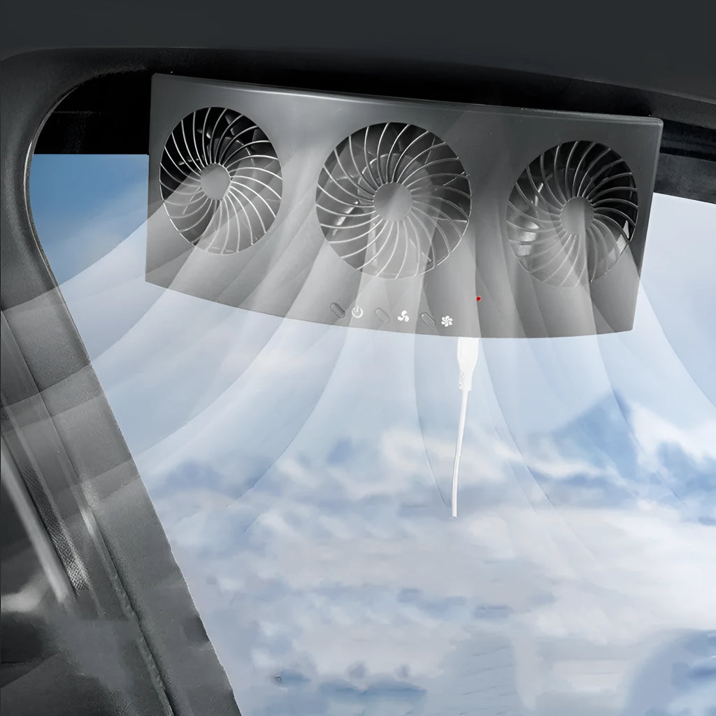 Black and white USB car ventilation fan for vehicle cabin air circulation
