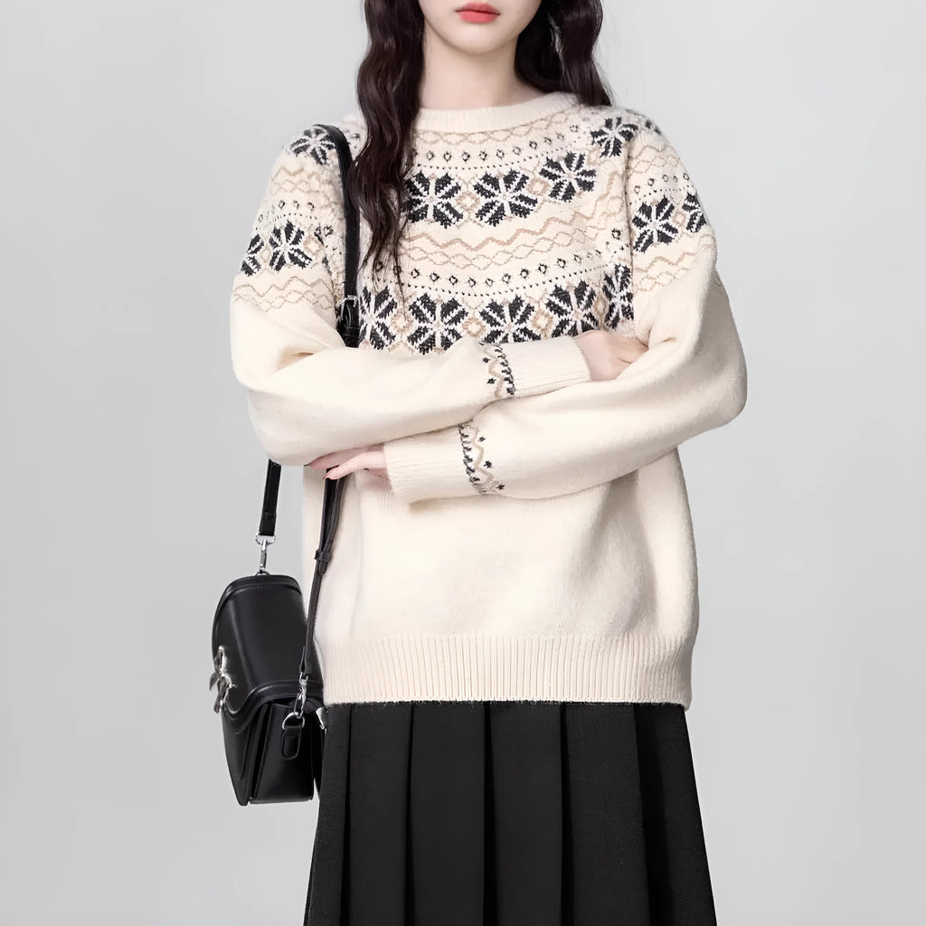 Milky white women's Fair Isle patterned knit sweater with loose fit and crew neck.