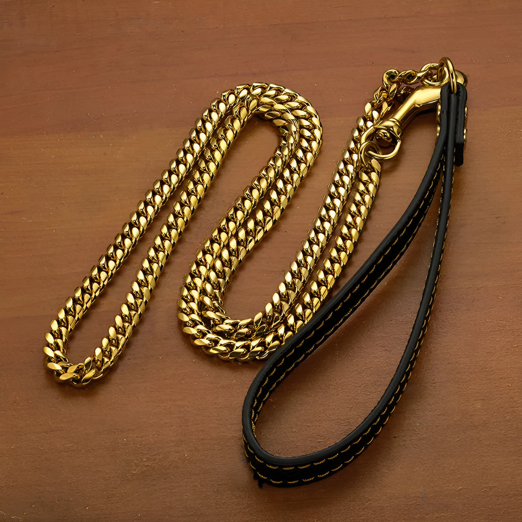 Stainless steel Cuban link chain dog hand holding rope with black leather handle