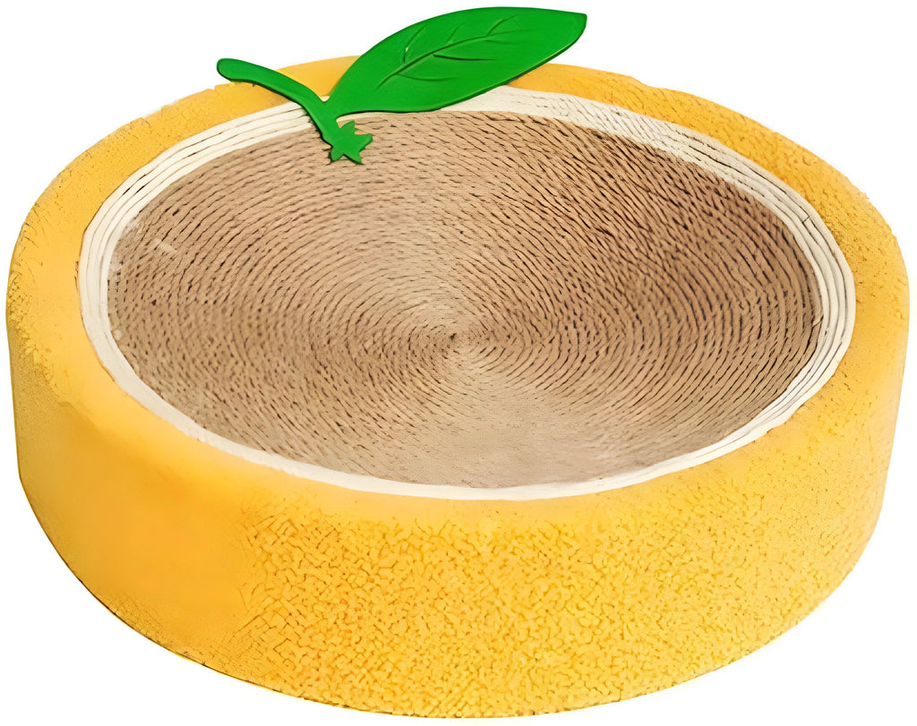 Yellow and orange round sisal cat scratching board with a concave centre bed.