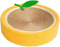 Yellow and orange round sisal cat scratching board with a concave centre bed.