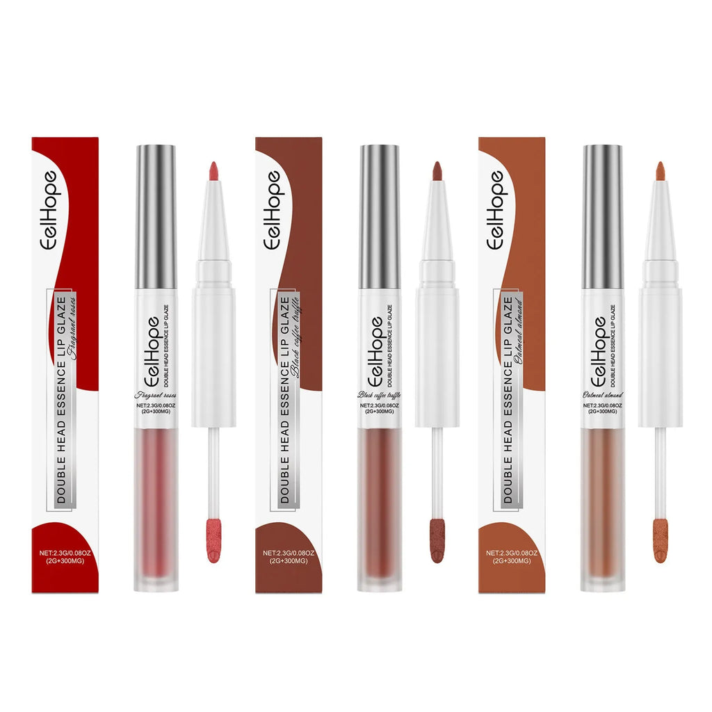 Double-headed lip liner and lacquer pen with three lip colour shades