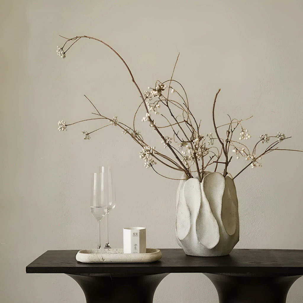 Irregular ceramic vase in magnesium clay finish with high and low style options for flower arrangements