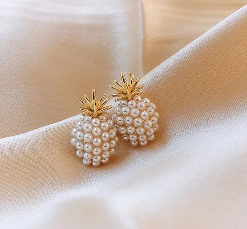 Korean style pineapple and starfish pearl design alloy earrings with electroplated finish and artificial gem inlay