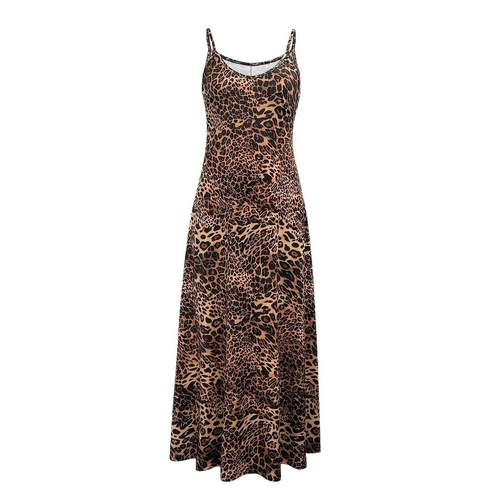 Dark brown leopard print sleeveless dress with round neck and sling straps, made from milk silk polyester fabric.