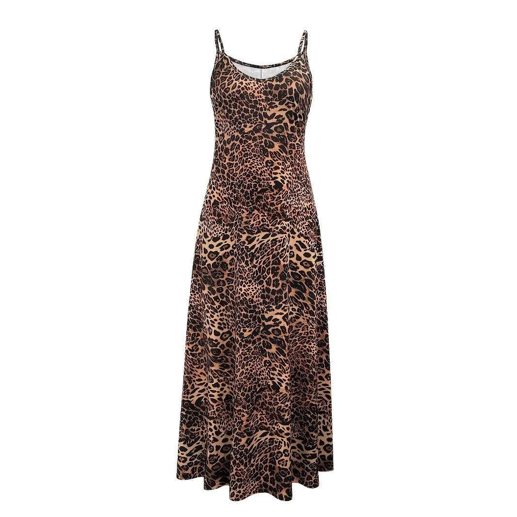 Dark brown leopard print sleeveless dress with round neck and sling straps, made from milk silk polyester fabric.