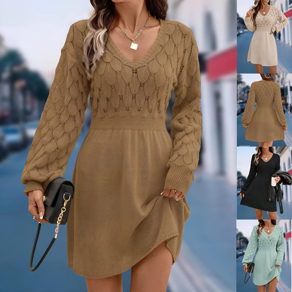 Women's artistic retro V-neck long sleeve beach dress with high waist and 3D patterns.