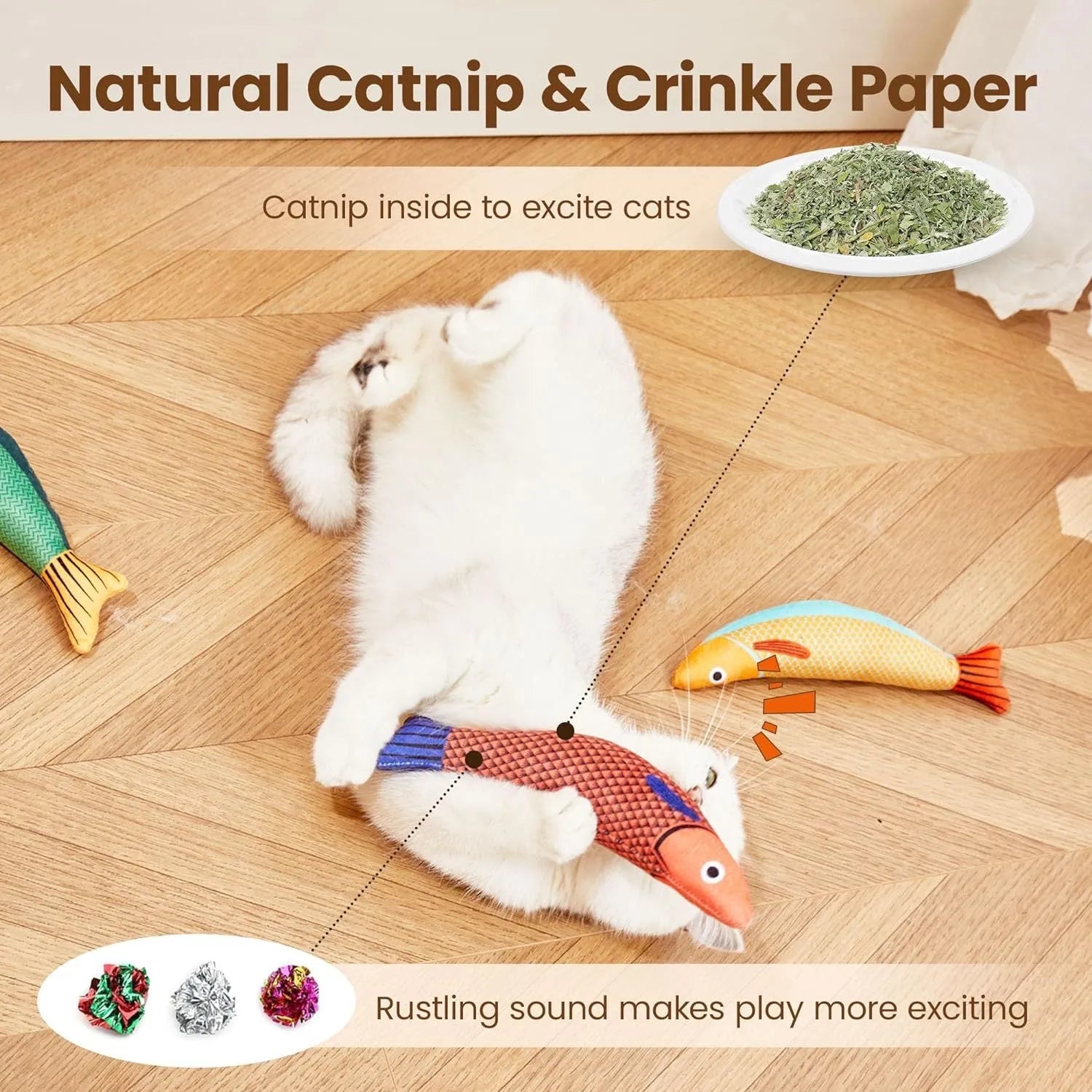 Green organic catnip saury fish kicker toy with crinkle sound for indoor cats