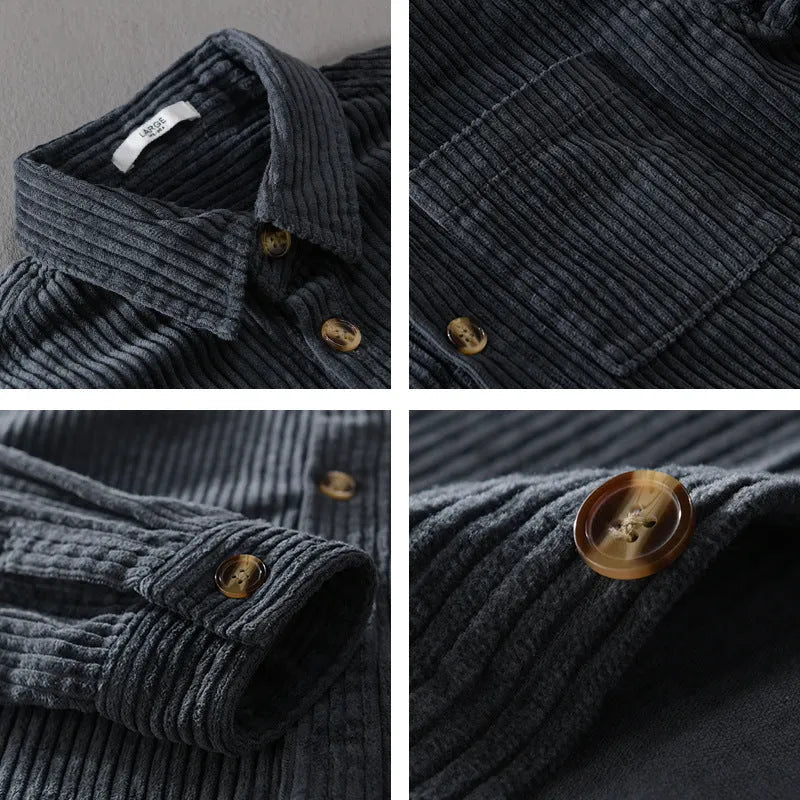 Men's winter corduroy shirt with chest pocket and button front in khaki colour