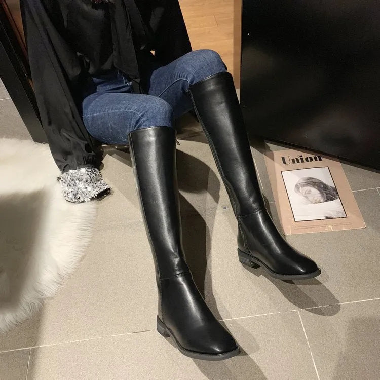 Women's thick heel mid-heel over the knee boots in black with car suture detailing