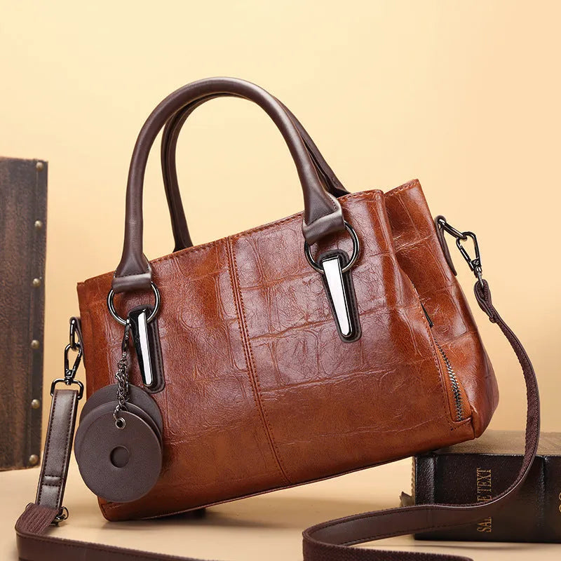 Retro contrasting color large capacity horizontal square shoulder bag with single strap and zipper compartments in PU material