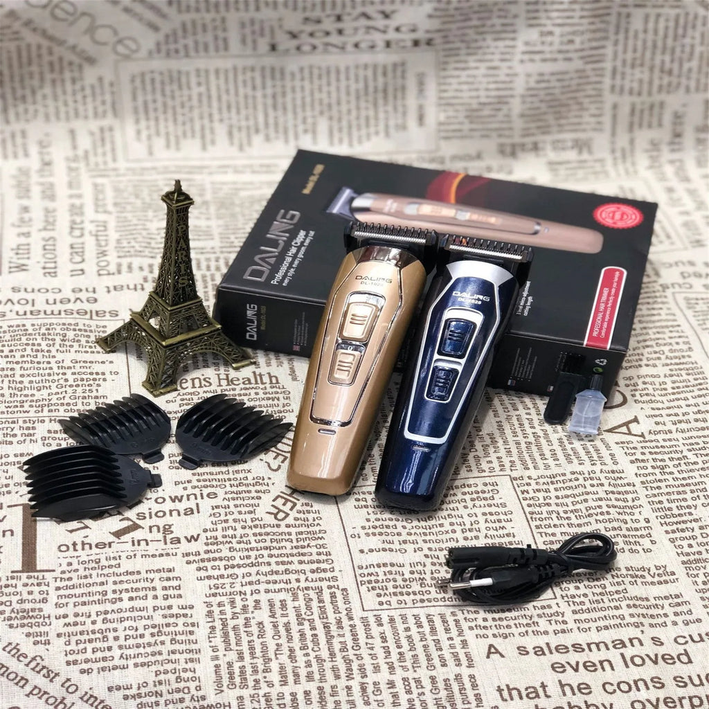 Dark blue and coffee coloured rechargeable electric hair clipper with European plug