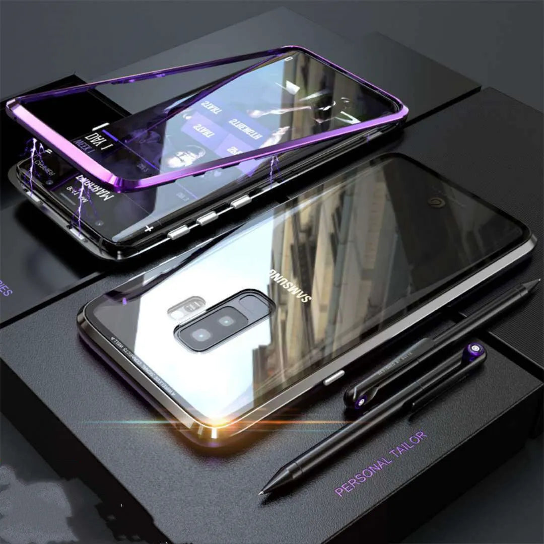 Anti-peeping magnetic phone case for Samsung with double-sided glass and metal frame in solid black colour